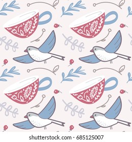 cute pattern with cups and birds for printing design