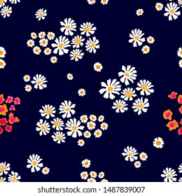 Cute pattern with daisies, chamomiles and wildflowers. Seamless vector print with small botanical elements. Summer textile collection.