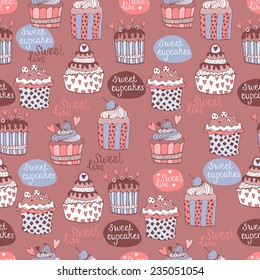 Cute pattern with decorated sweet cupcakes 
