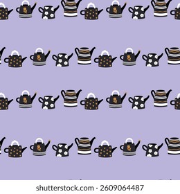 Cute pattern with decorative watering cans. Vector seamless pattern.