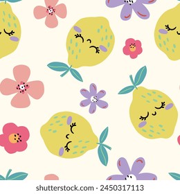 cute pattern design for baby kids fashion with cute lemons and flowers drawing as vector