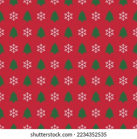 Cute pattern design background for Christmas concept in December winter. It is a pattern of a combination of green trees and eye shapes on a red background.