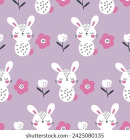 cute pattern design with bunny and flowers drawing as vector for kids fashion