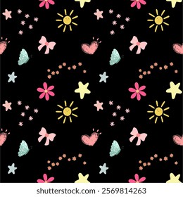 Cute pattern design with stars, sun, butterfly and flowers.