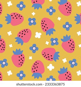 cute pattern design with strawberry and flowers drawing as vector for kids fashion