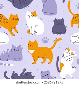 Cute pattern with different cats. Seamless vector print with flat cats. 