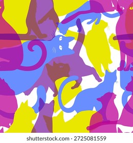 Cute pattern with different cats. Seamless background with colorful cats vector print with flat cats. Hand drawn. Not AI