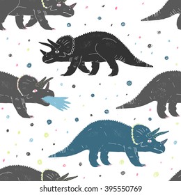 Cute pattern with different dinosaurs on white background. Kids seamless pattern. 