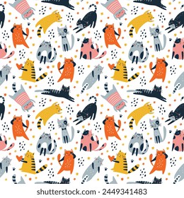 Cute pattern with different funny cats. Creative childish texture. Great for fabric, textile Vector Illustration on white background