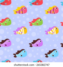 Cute pattern with different funny fish. Beautiful background.