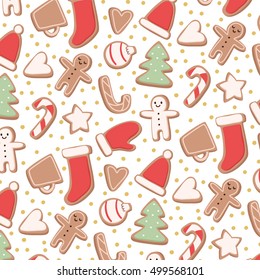 cute pattern with different shapes gingerbread cookies on white background. can be used like pattern for textile, wrapping paper, greeting cards and party invitations or posters