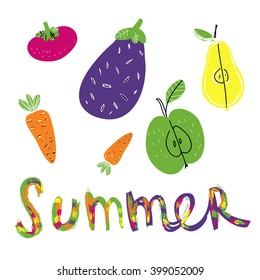 Cute pattern with different vegetables and fruits. Illustration. Abstract vector set with health foods.