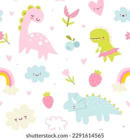 Cute pattern with dino girls. Seamless girly print with cute dinosaurs for baby girls textile and fabric.