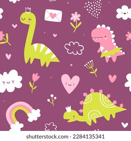 Patrón lindo con la princesa dino. Impresión de caramelos impecables con lindos dinosaurios para niñas textiles.