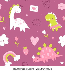 Patrón lindo con la princesa dino. Impresión impecable de niñas rosadas con adorables dinosaurios para niñas textiles.