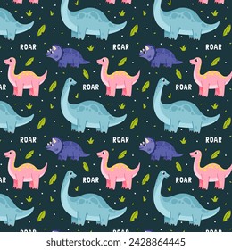 Cute pattern with dinosaurs, different colors, great kids print, for clothing and wrapping paper, on a colored background