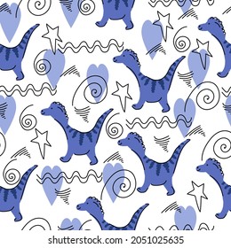 Cute pattern with dinosaurs and linear doodles, cartoon animals in blue on a white background vector illustration