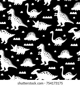 Cute pattern with dinosaurs on black backgrond