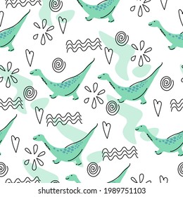 Cute pattern with diplodocus and linear doodles, cartoon dinosaurs in green on a white background vetor illustration