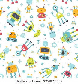 Cute pattern with diverse  colorful robots for kids. Seamless funny vector print for baby textile and fabric.
