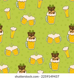 Cute pattern with dog and beer on green background for St Patricks Day party in cartoon style, irish culture texture for print and web