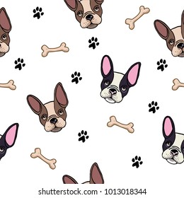 Cute pattern with dog breed french buldog on a white background with bones. It can be used for packaging, wrapping paper, textile and etc.