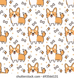 Cute pattern with dog breed welsh corgi on a white background with hearts, stars,bones. It can be used for packaging, wrapping paper, textile and etc.