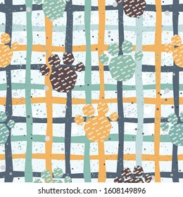 Cute Pattern with dog paws with pastel blue stripes on beige background with tiny dots. Hand Drawn Design. Great for wall art design, gift paper, wrapping, fabric, textile, etc.