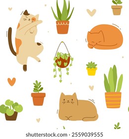 Cute pattern with domestic cats and plants in a pots. Seamless vector cozy print with cats and plants.