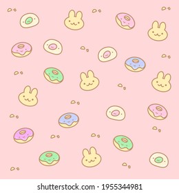 Cute pattern with donuts and bunnies on a pink background.
