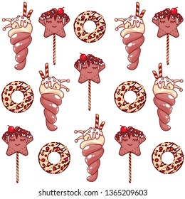Cute pattern with donuts, sweet star and sweet ice-cream snail. Yummy sweets, food or candy decoration. Flat lay style, objects isolated on white background. 