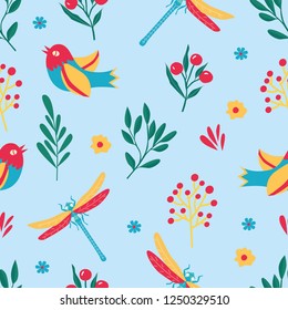 cute pattern with dragonfly flowers and bird