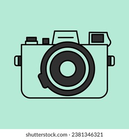 Cute pattern drawn in doodle style of a retro camera on a green background. Vintage element, old-fashioned camera, photographer's device.