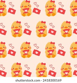 Cute pattern with duck and pillow on yellow background.