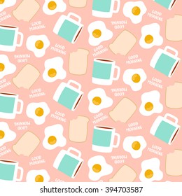 cute pattern with eggs, toast and cups of coffee or tea on pastel pink background with good morning text message. can be used like pattern for textile, wrapping paper, for greeting cards etc