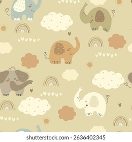 Cute pattern with elephants, clouds and rainbows. Vector illustration with hand drawn cartoon animals, clouds, rainbows, sun and hearts. Seamless pattern. 