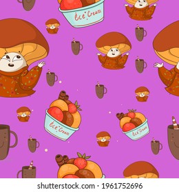 Cute pattern with elf character and ice cream.