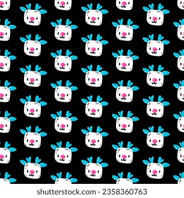 Cute pattern with the face of a deer. Vector seamless pattern with kawaii reindeer head on black background. Christmas print for packaging