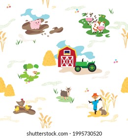 Cute pattern of Farm Animals. Resembling a Sheep, Rabbit, Goat, Cows, Pig, Goat and Chickens. With a Barn, Hay, and Tractor. Inspired by Childeren
