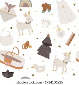 Cute pattern of fashion collection of baby clothes and accessories. Toys, clothes, bathing. Cartoon illustration, vector.