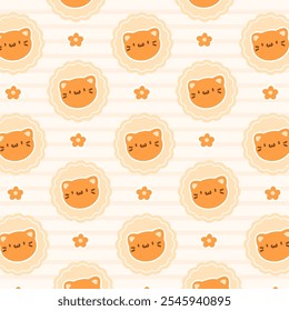 Cute pattern features adorable kawaii style cat faces in warm orange tones, accented with small flowers on a soft striped background. 