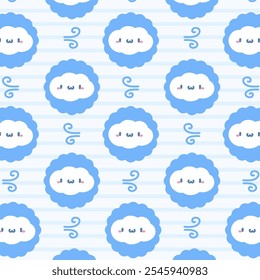 Cute pattern features cute kawaii style clouds with friendly faces, complemented by wind icons on a soft blue and white striped background.