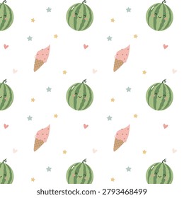 A cute pattern featuring a funny round watermelon and an ice cream cone