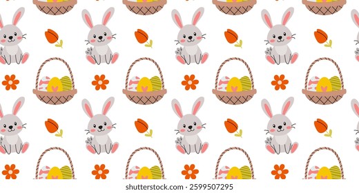 Cute pattern featuring rabbits, baskets, and flowers perfect for springtime celebrations and Easter-themed projects