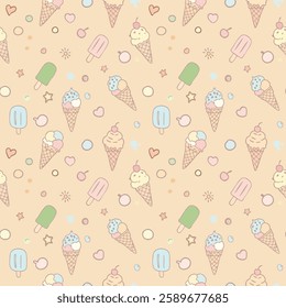 a cute pattern featuring various frozen treats, including ice cream cones and popsicles, in various colors and flavors.