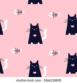 Cute pattern with fish bones and black cats on pink background. Ornament for textile and wrapping. Vector.