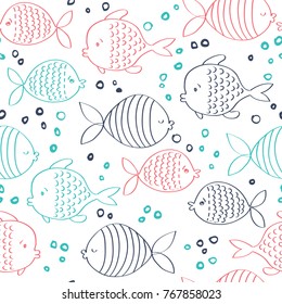 Cute pattern with fish. Seamless vector background with children`s style.
