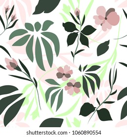Cute pattern in flower and leaves. Small pink flowers. White background