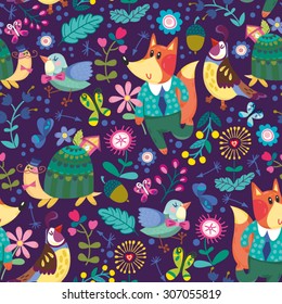 Cute pattern of flowers, foxes, birds and turtle.