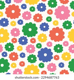 Patrón lindo con flores en un estilo dibujado a mano en colores arcoiris. Potencia de las flores. Patrón vectorial en un estilo simple - plantillas de diseño - patrón hippie sin problemas